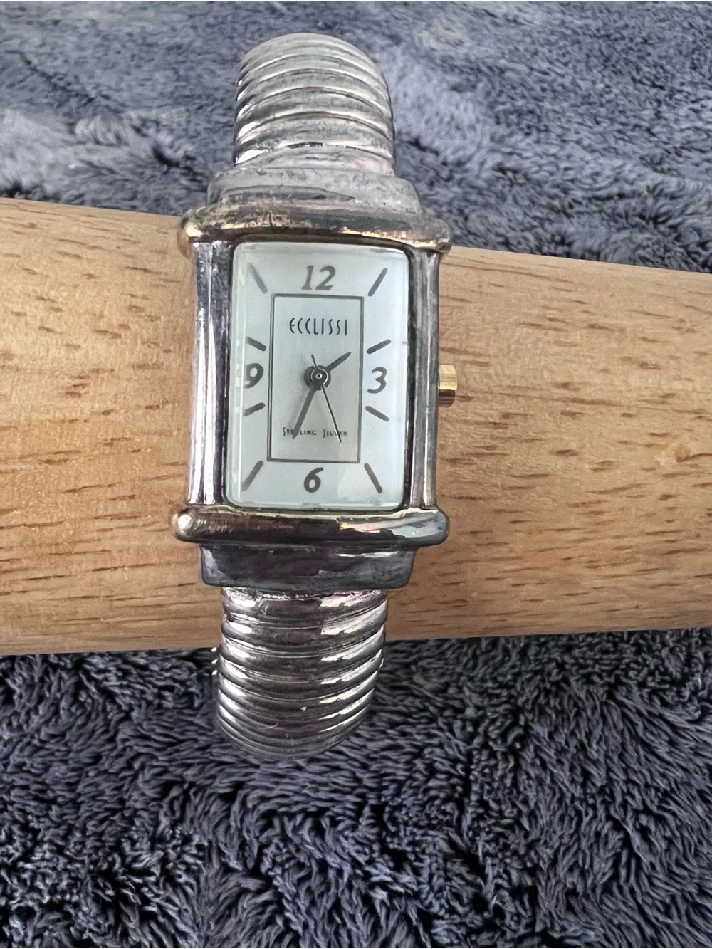 Sterling Silver Ecclissi Rectangular Case Flexible Cuff Bracelet Watch 65g